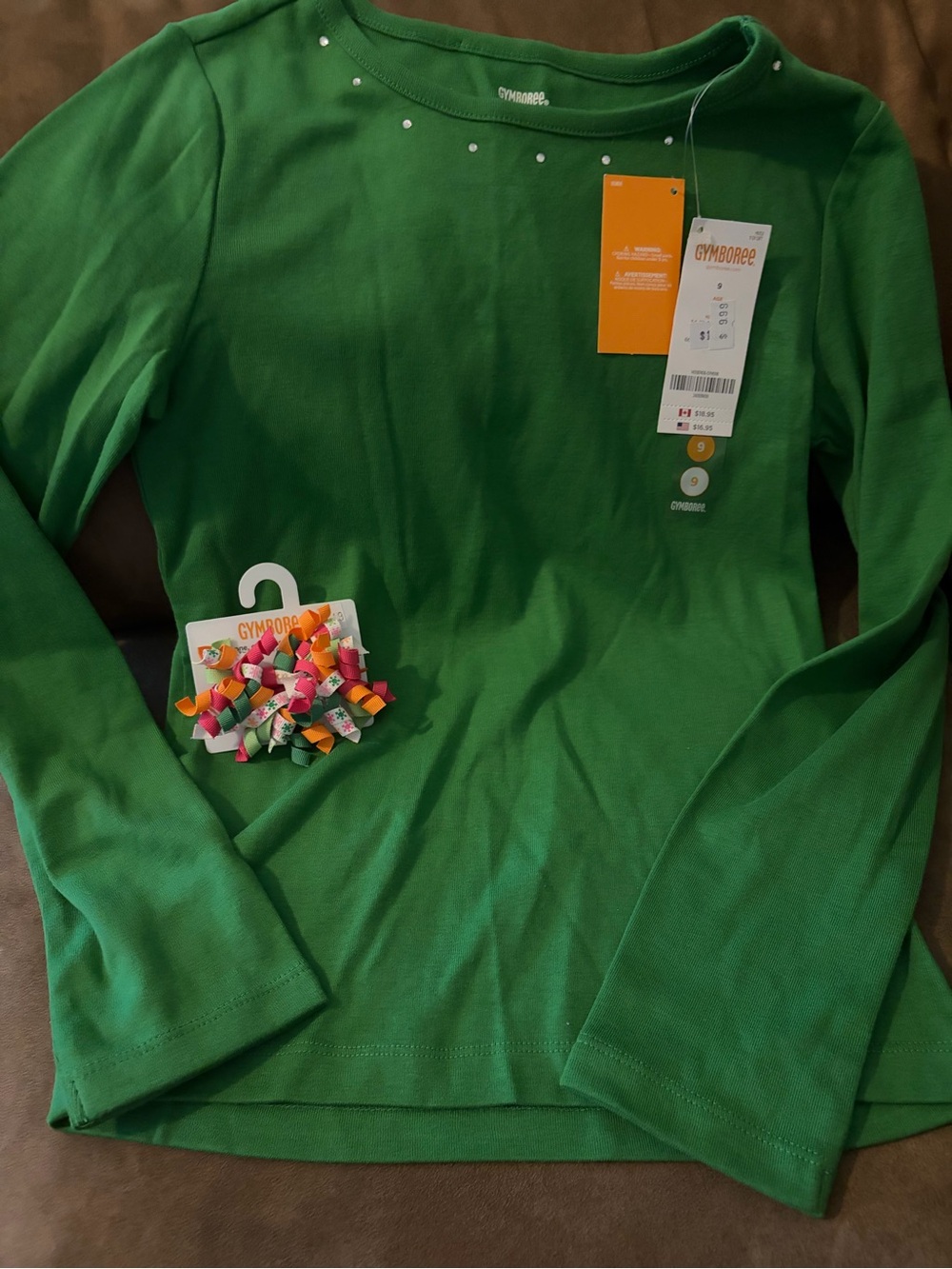 NWOT Gymboree Girls' Green LS Top with Jewel Accents and Matching Hair Clip